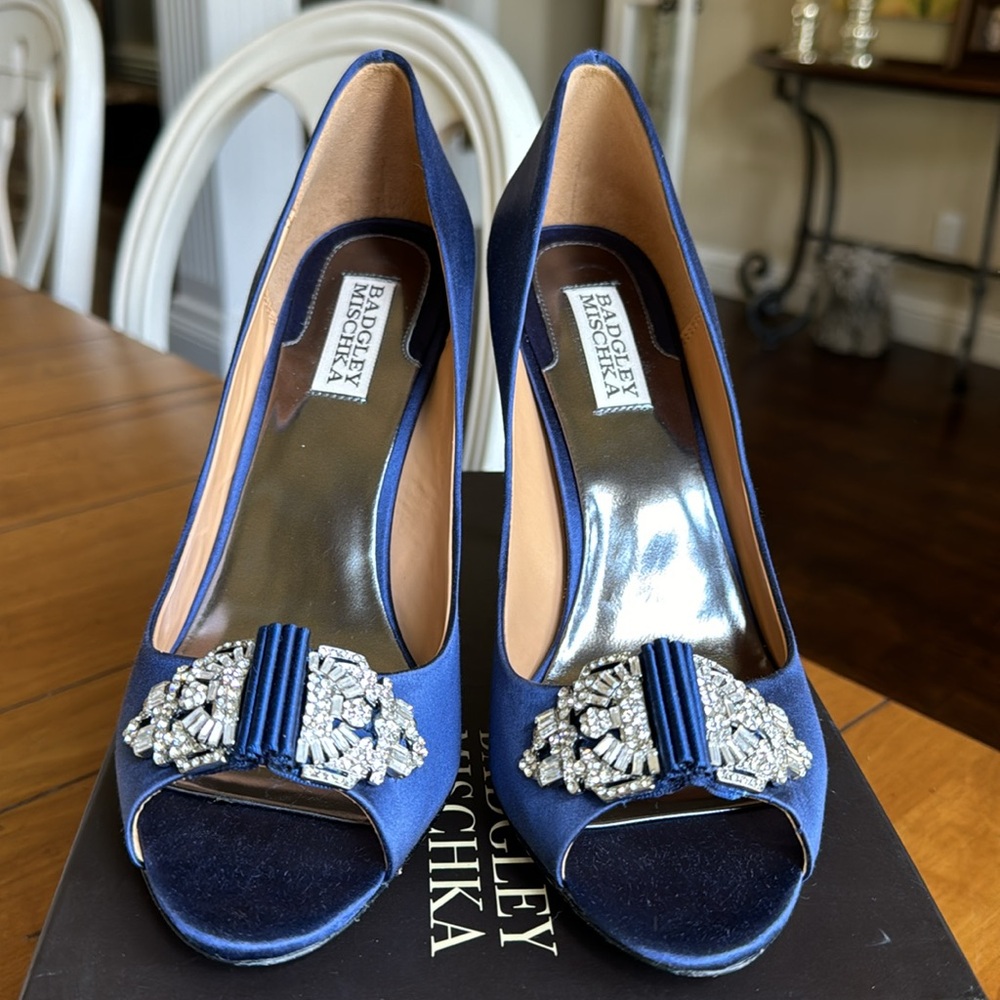 Badgley Mischka 9.5 Davida Deco Blue Satin Heels with Crystal Embellishment - Picture 4 of 12